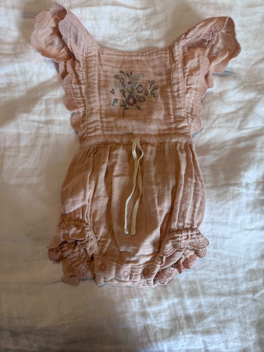 Jamie Kay Peach Muslin Baby Romper with Ruffle Details